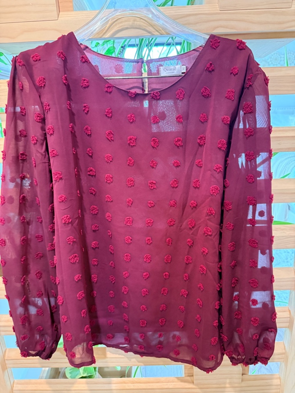 Qearal Women’s Medium Burgundy Swiss Dot Sheer Blouse Long Sleeve Top